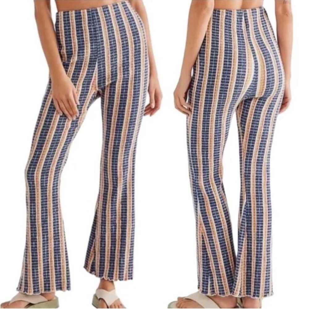 FREE PEOPLE Fine Line Slim High Waist Flare Striped Textured Boho Pants Medium